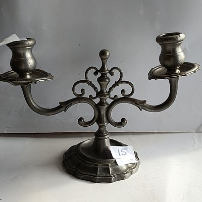 Italian EL Crown Baroque Style Pewter Two-Light Candelabrum