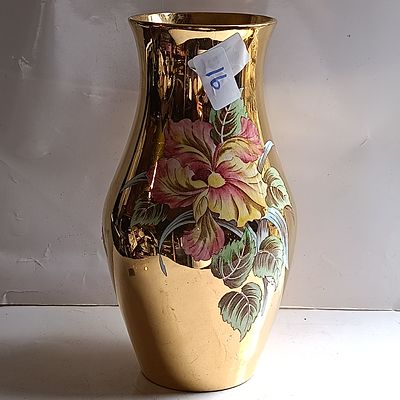 A Mid-Century Gilt Ceramic Vase with Polychrome Floral Decoration