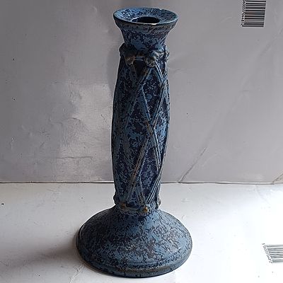 A Blue and Gold Toned Molded Candlestick with Lattice Decoration