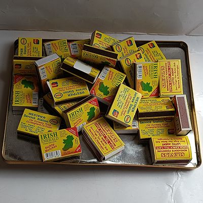 A Collection of Vintage Irish Advertising Safety Matchboxes and Metal Tray