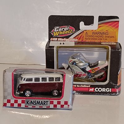 Two Die-Cast Toy Vehicles including a Kinsmart Volkswagen Microbus and a Corgi Wheelz Yamaha 