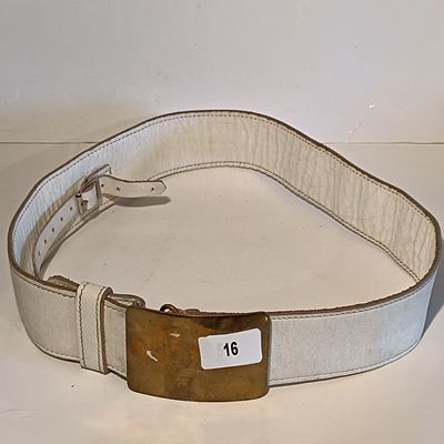 A White Leather Ceremonial Belt with Rectangular Brass Buckle
