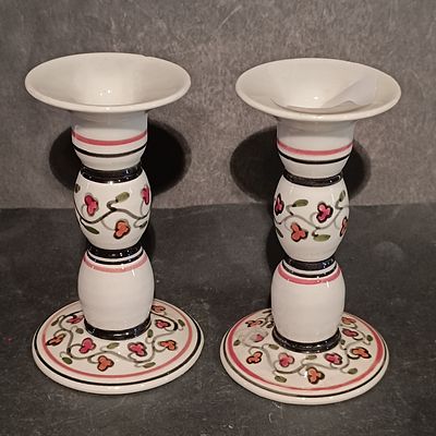 A Pair of Lapithos Cyprus Hand Painted Pottery Candlesticks