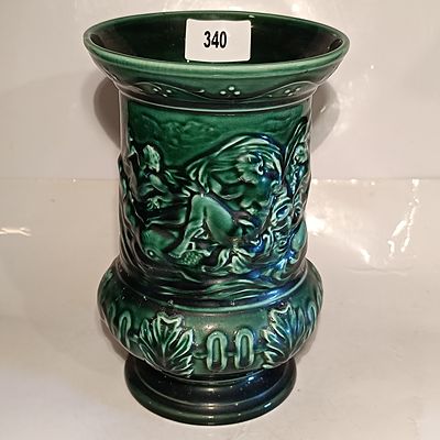 Large Green Glazed Majolica Style Ceramic Vase with Classical Relief Decoration