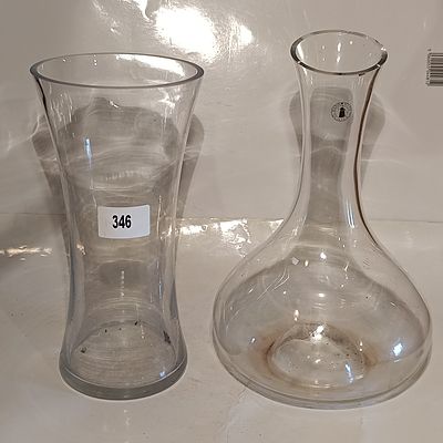 Two Contemporary Clear Glass Vessels Including a Wine Decanter and a Waisted Vase