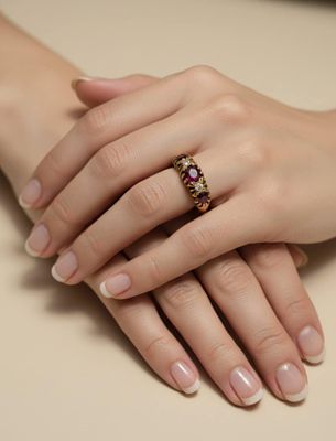 Victorian Style Five-Stone Ruby and Diamonds Ring in 18K Yellow Gold, Size N