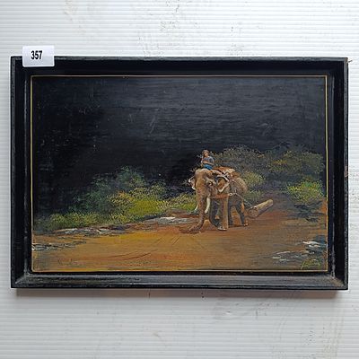 A Vintage 'Working Elephant and Mahout at Night' (Signed) Art Work -40 cm