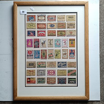 A Framed Collection of Forty-Three Vintage Matchbox Labels