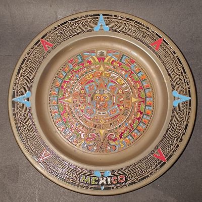Mexican Brass and Enamel Aztec Sun Stone Calendar Plate-20 cm diameter