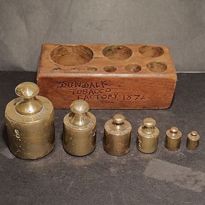 A Set of Antique Brass Metric Scale Weights with Inscribed Wooden Block, Signed "Dundalk 