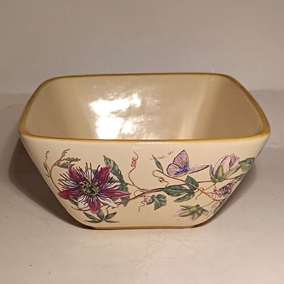 Square Ceramic Botanical Bowl with Passion Flower Decoration