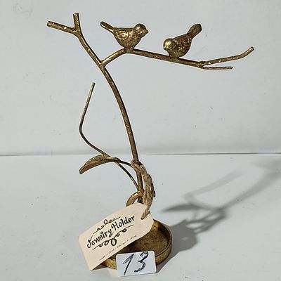 Gold-Tone Cast Metal Jewelry Holder with Two Birds and Tree Branch Motif