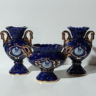 A Trio of Italian Cobalt Blue and Gilt Ceramic Decorative Garniture Pieces -Approx. 22 cm high