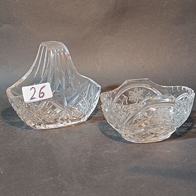 Two Decorative Cut Crystal Tableware Items Including a Handled Basket and an Intaglio Floral Bowl