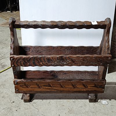 Vintage hand Carved Dark Wood Magazine Rack
