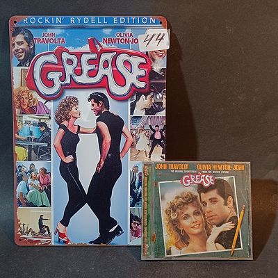Two Grease Movie Memorabilia Items Including Rockin Rydell Edition Metal Sign and Soundtrack CD