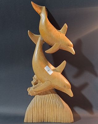 A Hand Carved Wood Double Dolphin Sculpture on Wave Base -Approx. 49 cm