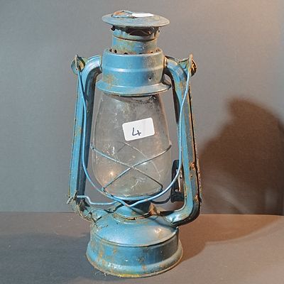 A Vintage Chinese Blue Painted Metal Hurricane Kerosene Lantern
