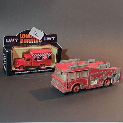 A Pair of Fire Engine Models including Lledo London's Burning and Dinky Toys ERF Fire Tender