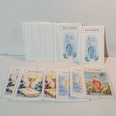 A Collection of Approximately 18–20 Vintage Catholic Sympathy Cards with Devotional Illustrations
