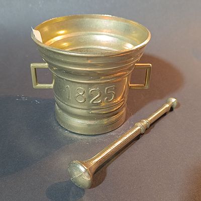 Brass Apothecary Mortar and Pestle with Cast 1825 Date