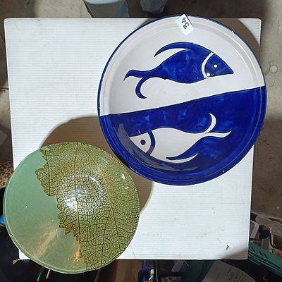 Two Decorative Ceramic Pieces Including a Blue and White Fish Plate and a Leaf Skeleton Pattern Bowl