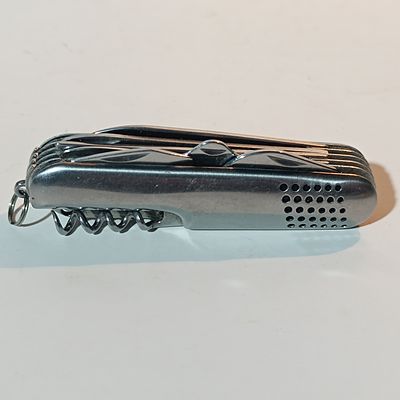 Unmarked Multi-Tool Folding Pocket Knife with Perforated Stainless Steel Handles
