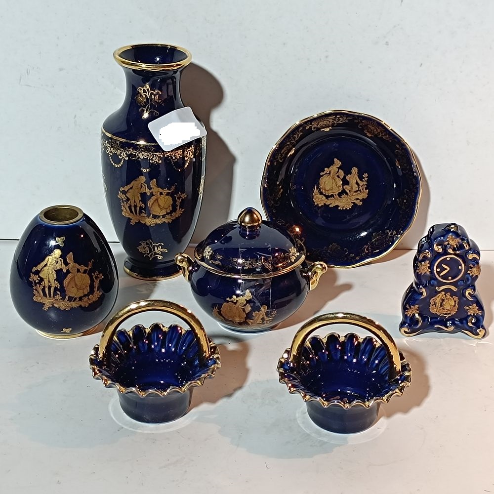 A Collection of Limoges Cobalt Blue and Gold Miniature Porcelain Items