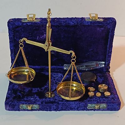 Vintage Indian Brass Jewelry Balance Scale Set in Velvet Case