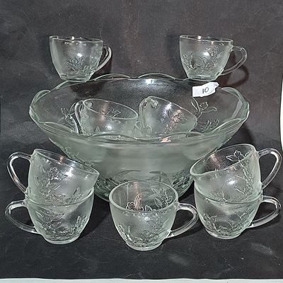 A Set of Frosted and Clear Glass Punch Bowl and 12 Cups in the Savannah Pattern