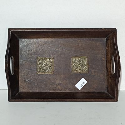 Rectangular Handcrafted Hardwood Serving Tray with Decorative Brass Insets