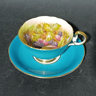 Aynsley Orchard Fruit Turquoise and Gold Bone China Cup and Saucer Set