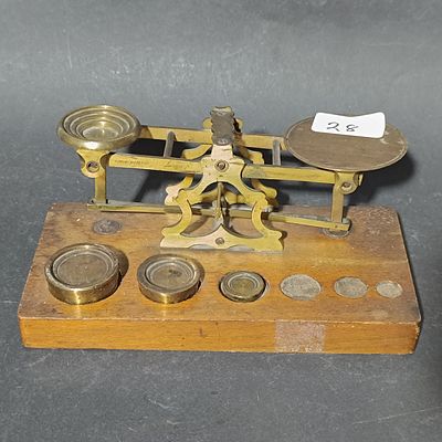 S. Mordan and Co. Brass Postal Scale on Mahogany Base with Set of Weights