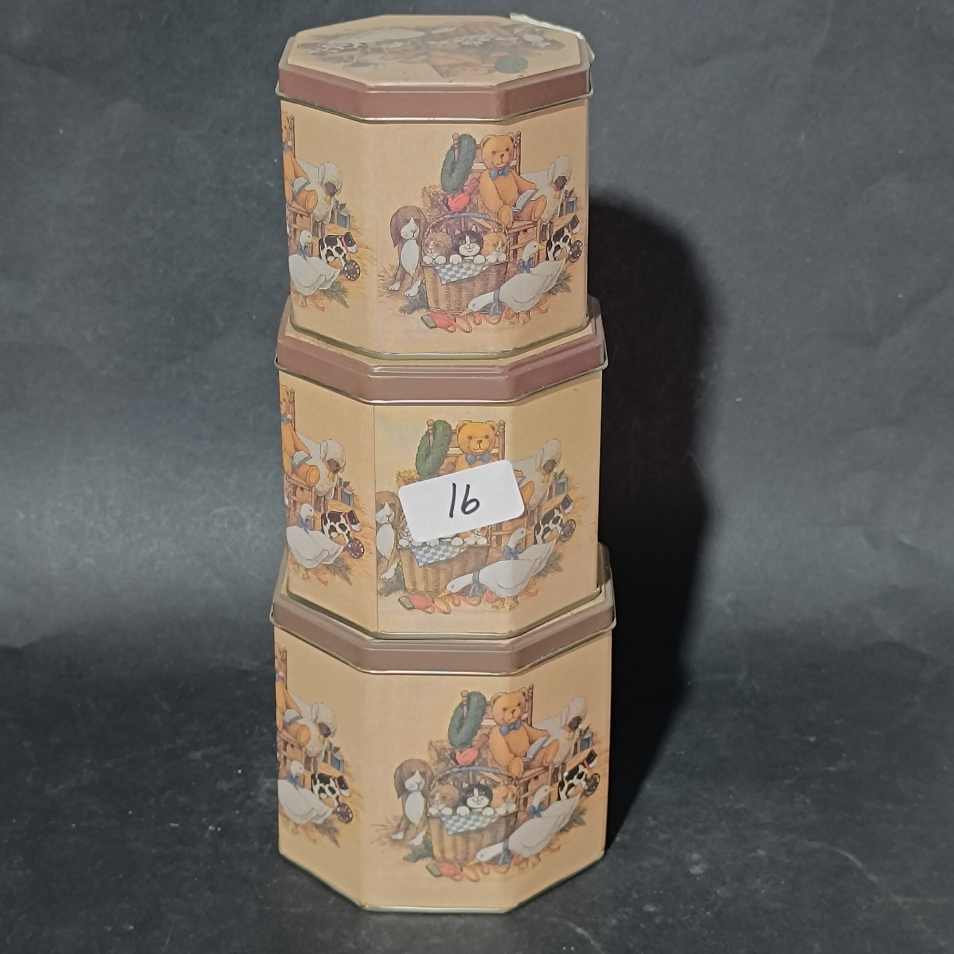 Set of 3 Graduated Octagonal Nesting Tins with Nursery Illustrations