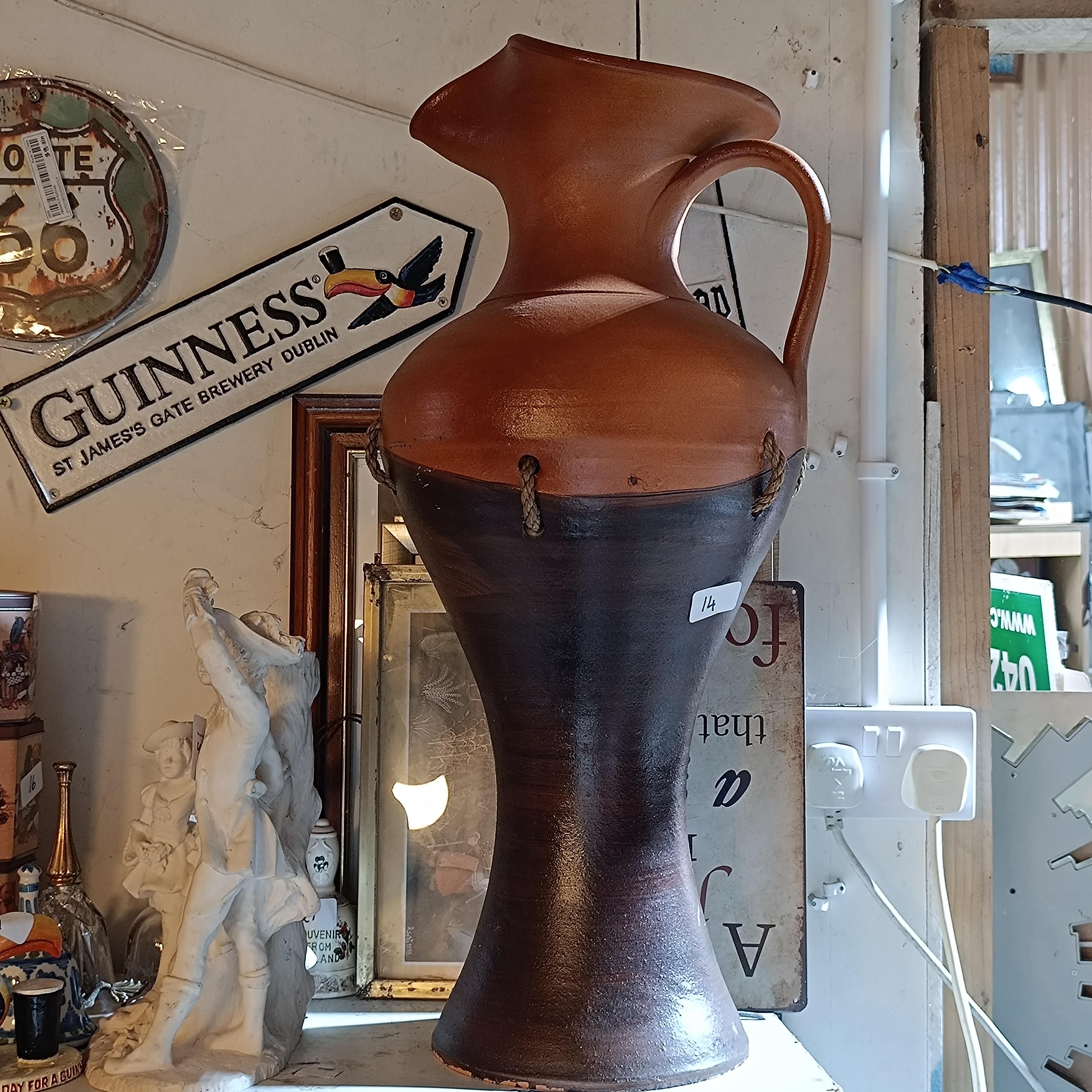 Large Two-Piece Terracotta and Dark Brown Earthenware Floor Pitcher Joined with Twine-63 cm high
