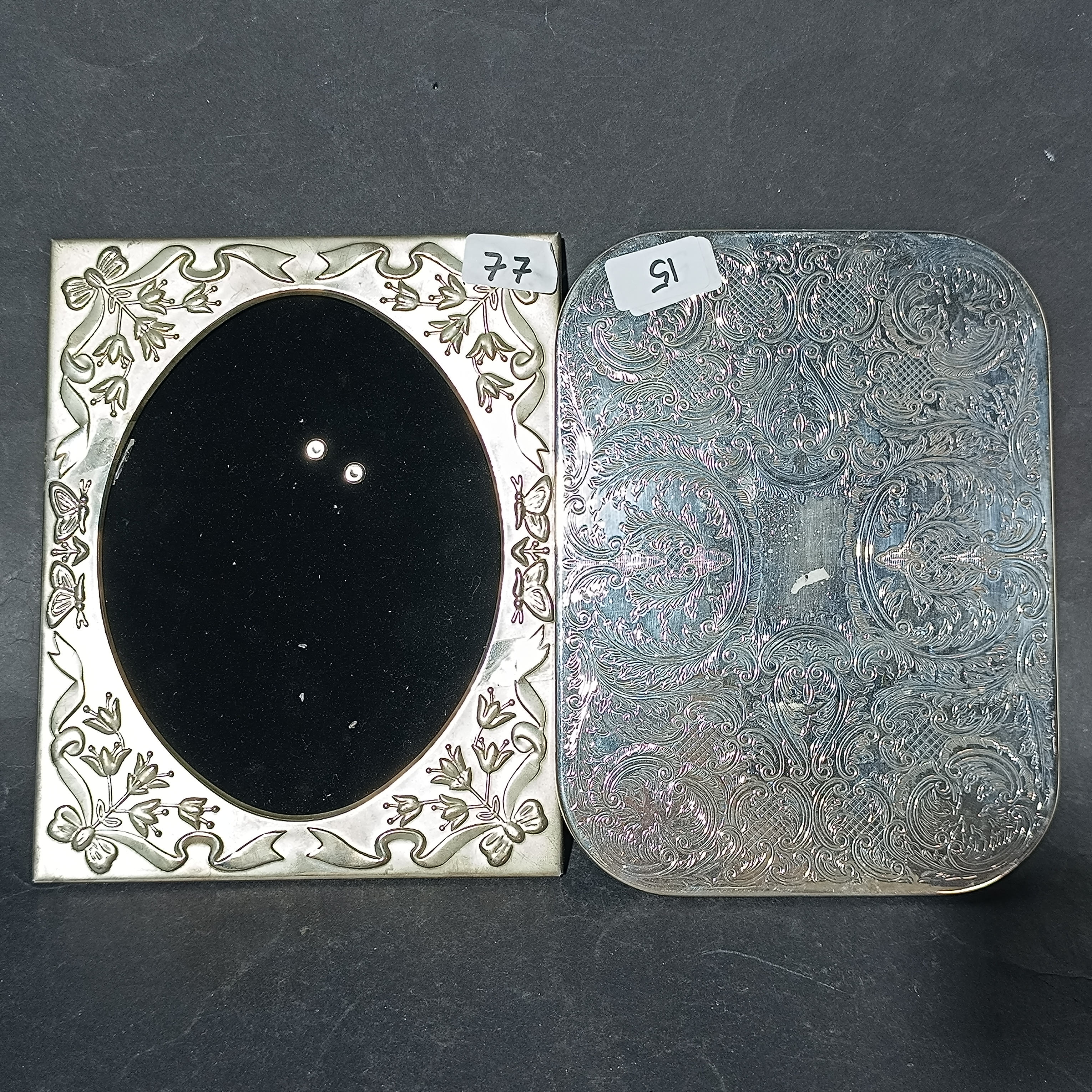 Two Silver Toned Decorative Items, Inc. An Embossed Picture Frame