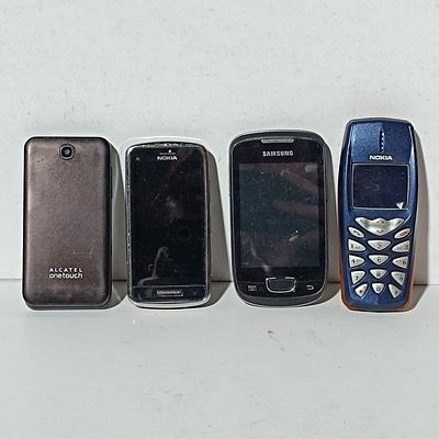 A Lot of Four Vintage Mobile Phones from Nokia Samsung and Alcatel