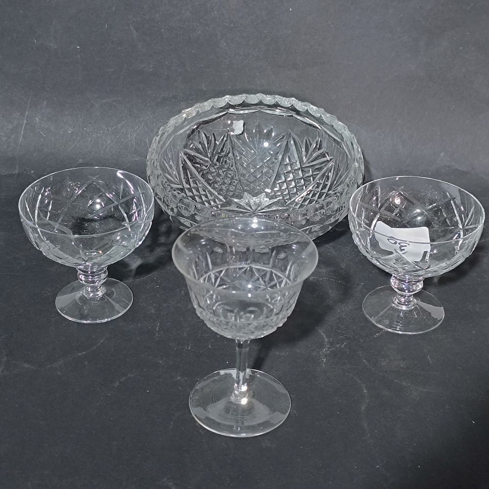 Four Piece Set of Cut Glass and Crystal Tableware including Serving Bowl and Stemware
