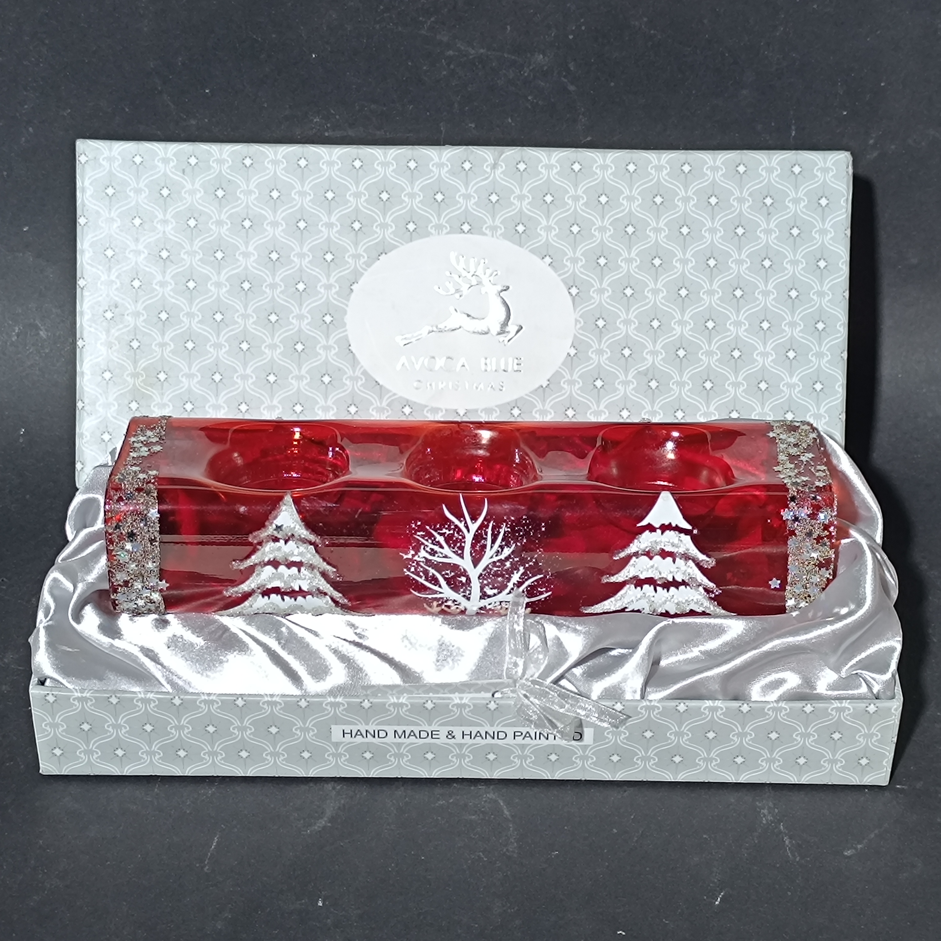 Avoca Blue Hand-Painted Red Glass Triple Tealight Candle Holder
