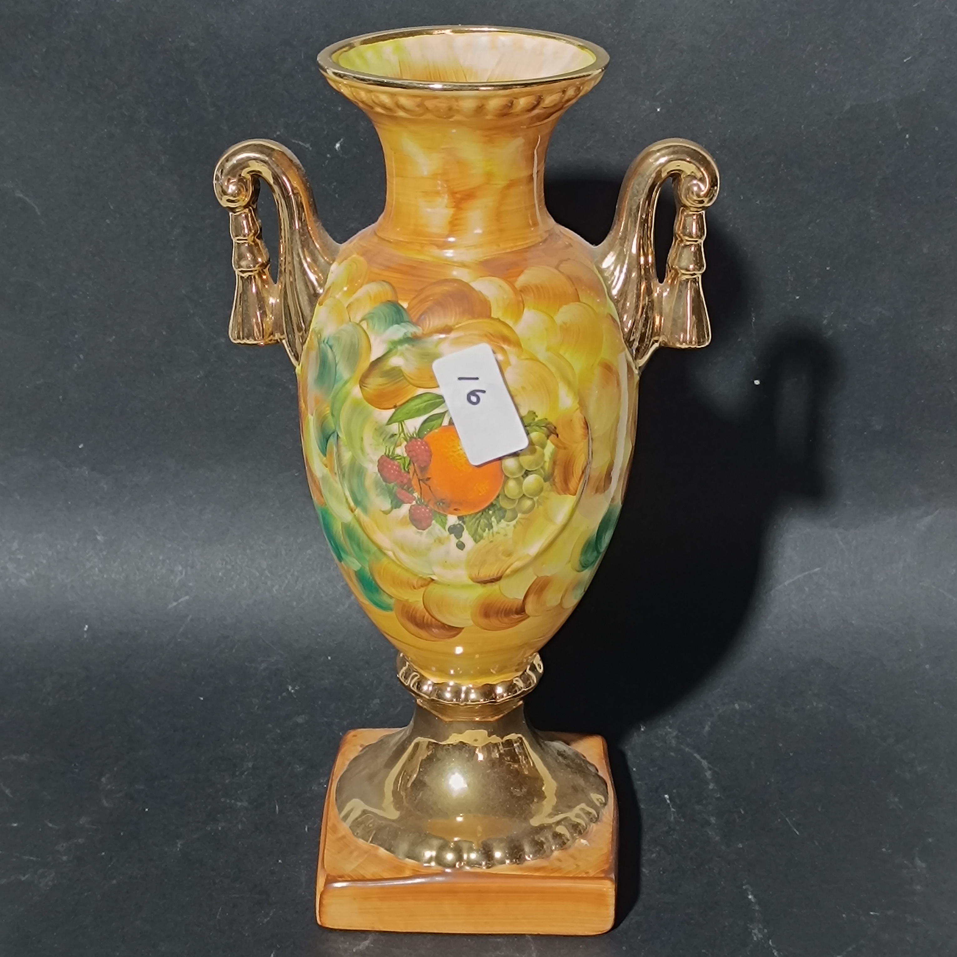 English Twin Handled Ceramic Urn Vase with Gilded Accents and Fruit Still Life