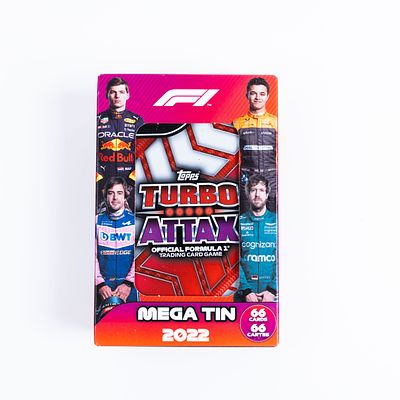 קלפי Formula 1 Turbo Attax 2022 – Mega Tin. מארז אספנות רשמי של Formula 1 הכולל 66 קלפי Turbo 