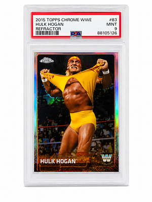 קלף אספנות Hulk Hogan WWE Topps Chrome 2015 בדירוג PSA 9 Mint. קלף אספנות מדורג מקורי של אגדת 