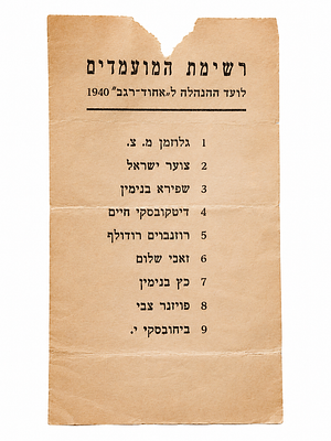 רשימת מועמדים לוועד ההנהלה של “אחוד־רגב” משנת 1940. מסמך היסטורי מקורי בעברית משנת 1940 הכולל 