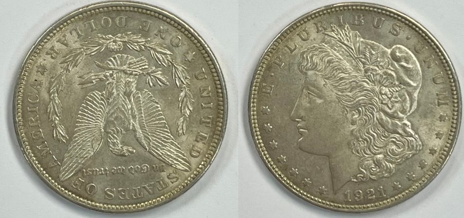 ארצות הברית - מטבע כסף 1 דולר משנת 1921 עשוי מכסף 900 - "מורגן דולר" במצב מעולה. 
משקל 