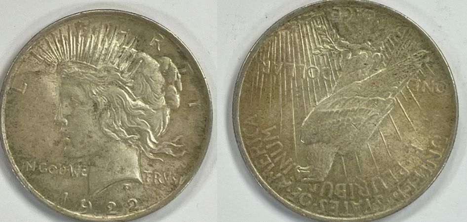 ארצות הברית - מטבע כסף 1 דולר משנת 1922 עשוי מכסף 900 - "מורגן דולר" במצב מעולה. 
משקל 