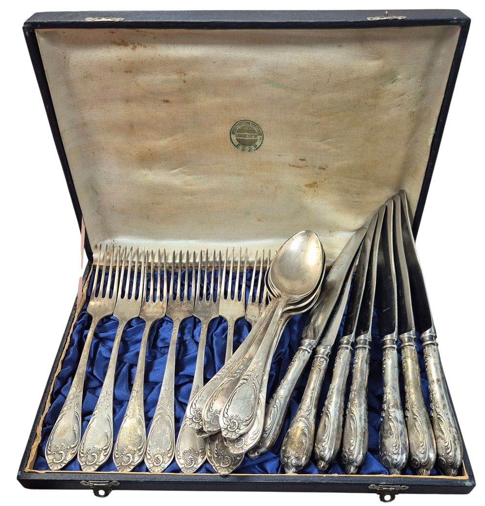 Flatware from Communist Russia, 1960s/70's. 
21 pieces: 7 forks, 7 spoons, 7 knives. 
In 