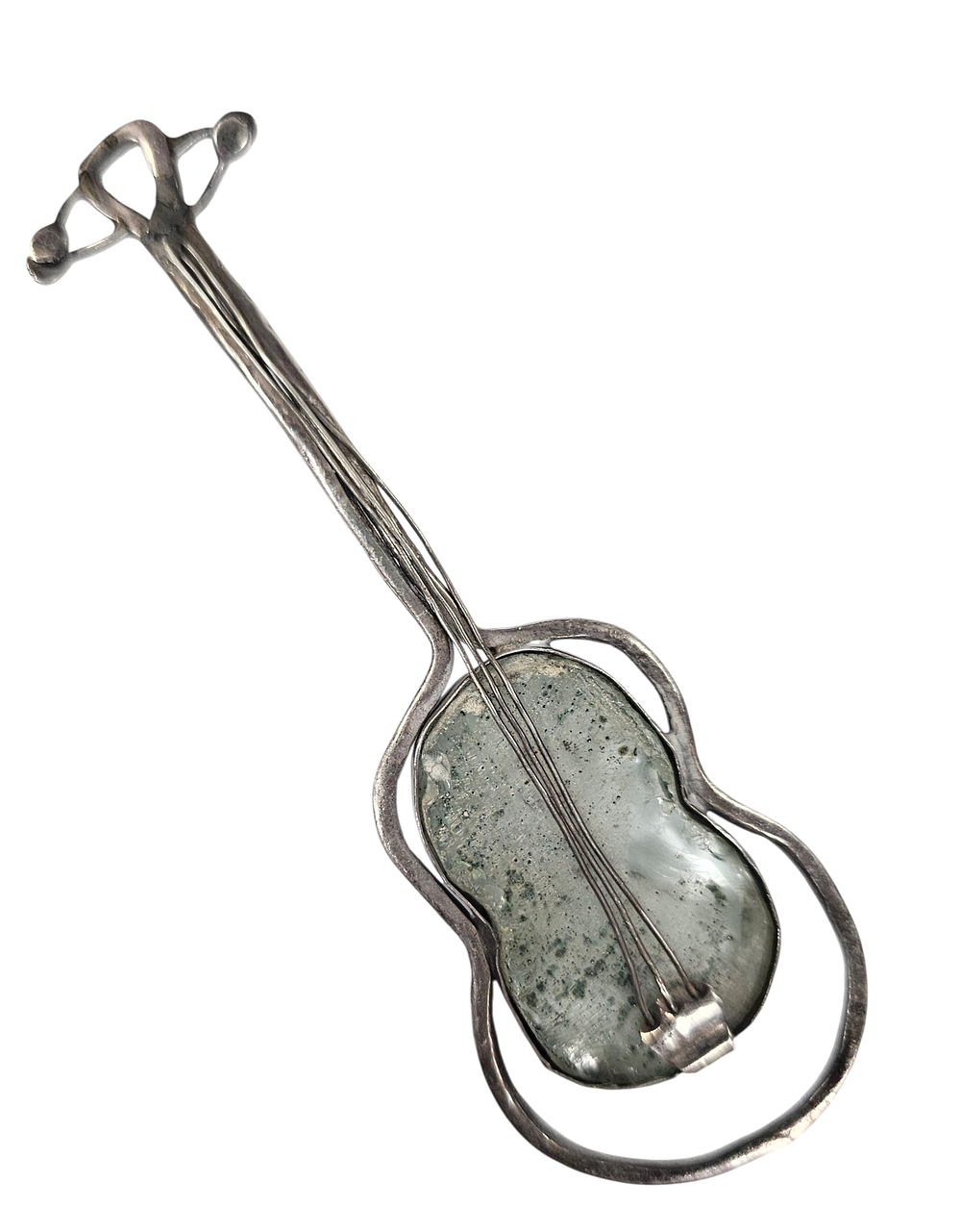 Miniature sterling silver guitar with antique Roman glass at center. 
Weight: 14.99g. 