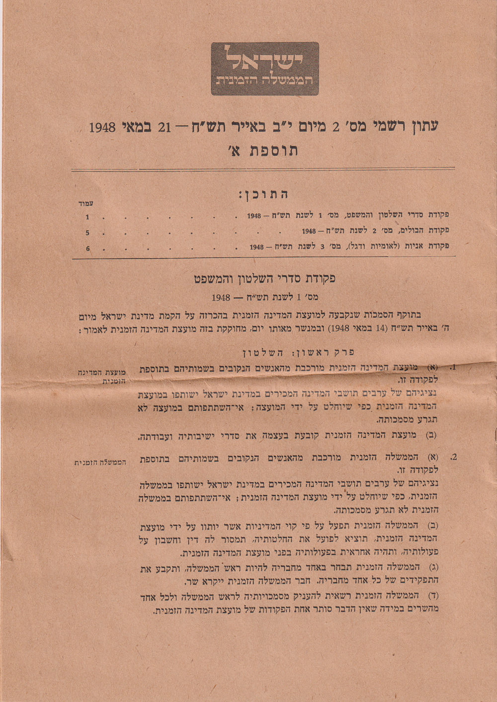 Provisional State Council, Orders of Authority and Law, 21/5/1948. 
By the State of Israel 