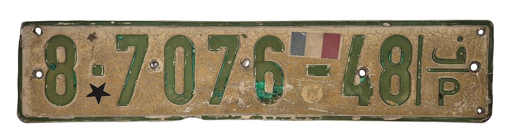 לוחית רישוי פלשתינית. 
מצב: ישנה, עם פגעי זמן, מעט תיקוני צבע בטוש. 
מידות: רוחב 52 ס"מ 
