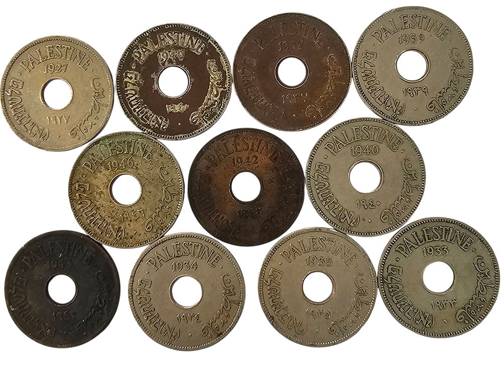 סט מטבעות המנדט, בערך 10 מיל כל השנים פרט ל-1946, מצבים שונים.